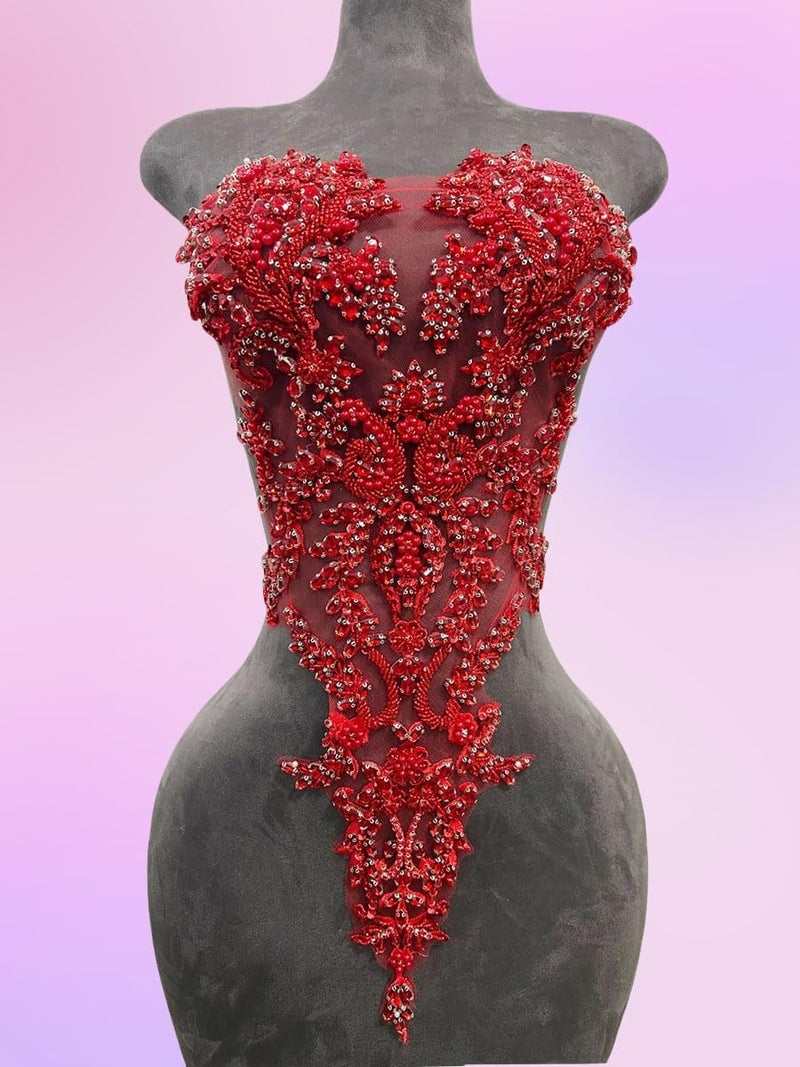 ArtistryXB تطبيقات دانتيل مزينة بالأحجار الكريمة اليدوية للخياطة مع خرز وخرز لملحقات الملابس 1 قطعة/كيس (أحمر) - Image 2